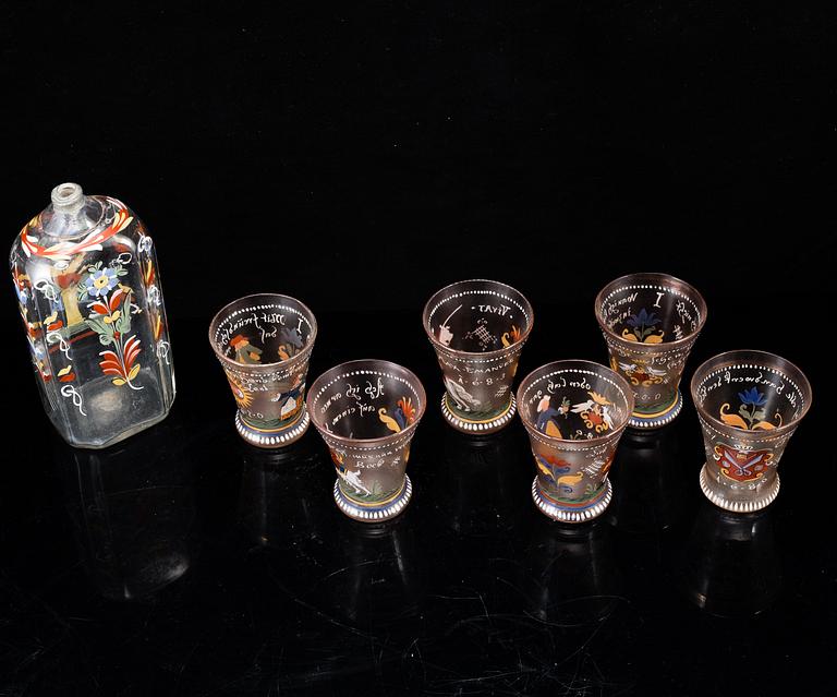 A group of six beaker glasses and a bottle, Historismus, circa 1900.