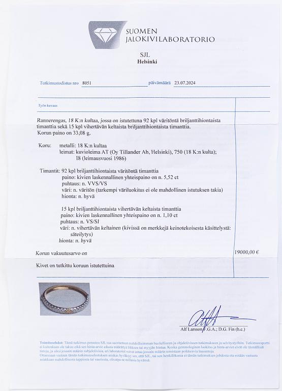 Tillander, armring, 18K guld med briljantslipade diamanter totalt ca 6.62 ct, Helsingfors 1986.