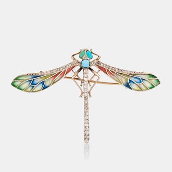 696. A dragonfly enamel, diamond and turquoise brooch.