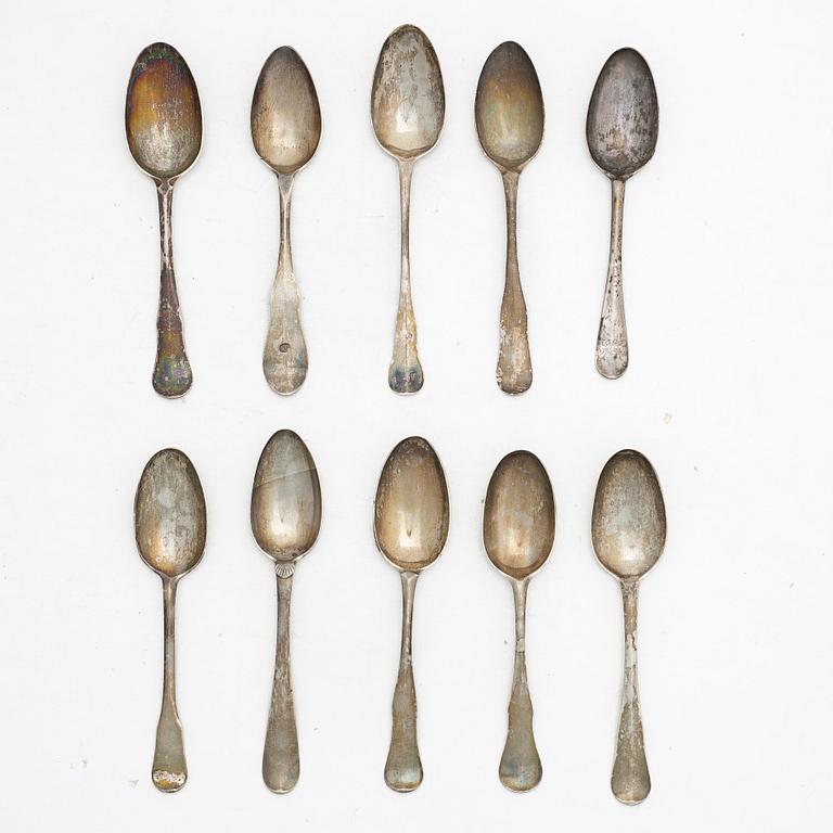 Ten silver spoons, 18th-19th century, most Swedish.