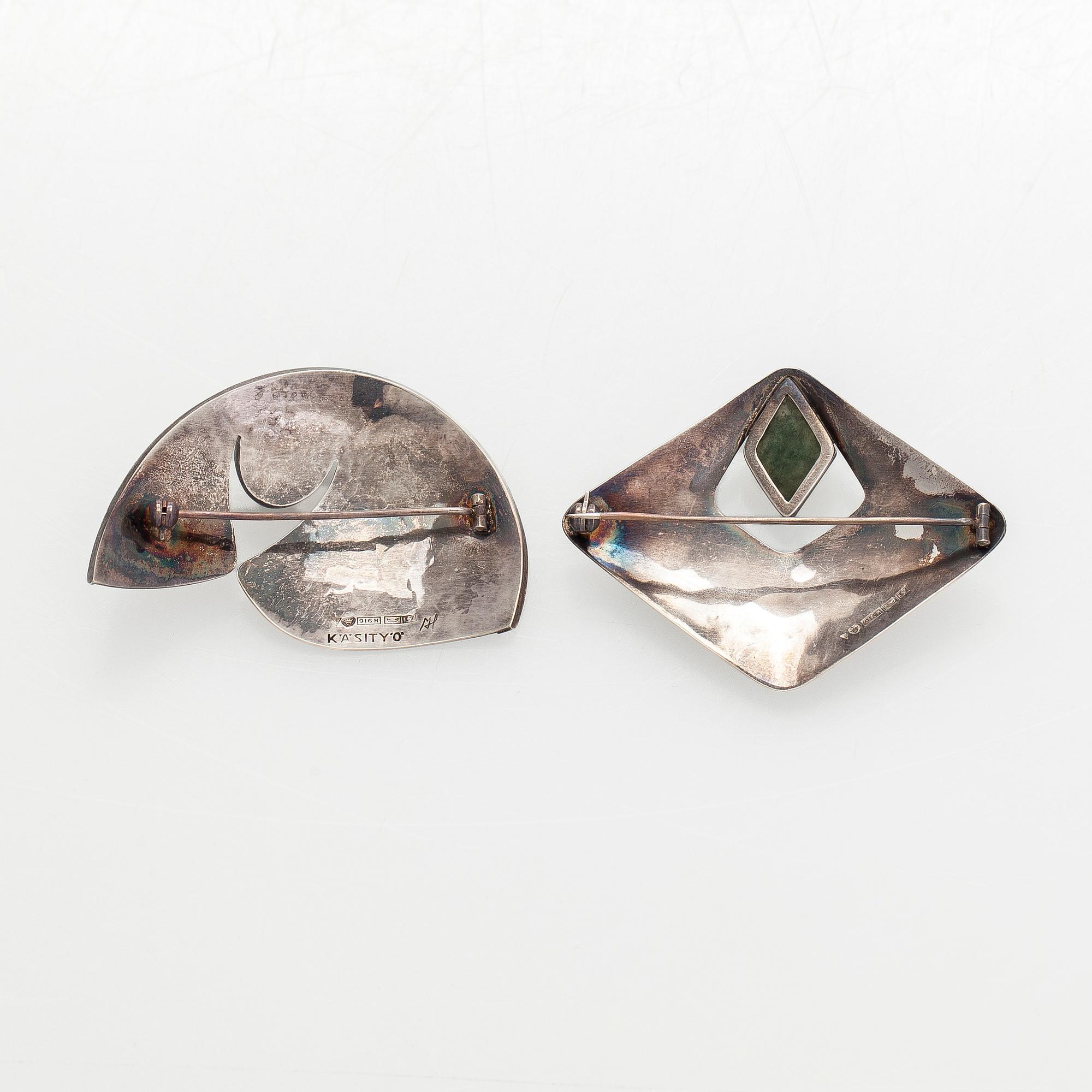 Brooches, 2 pcs, silver, moss agate, quartz, Tillander, 1962.