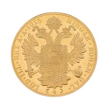 GOLDCOIN, 4 ducat, ca 23 k, FRANZ JOSEPH I 1915, Austria-Hungary. Weight ca 14 g.