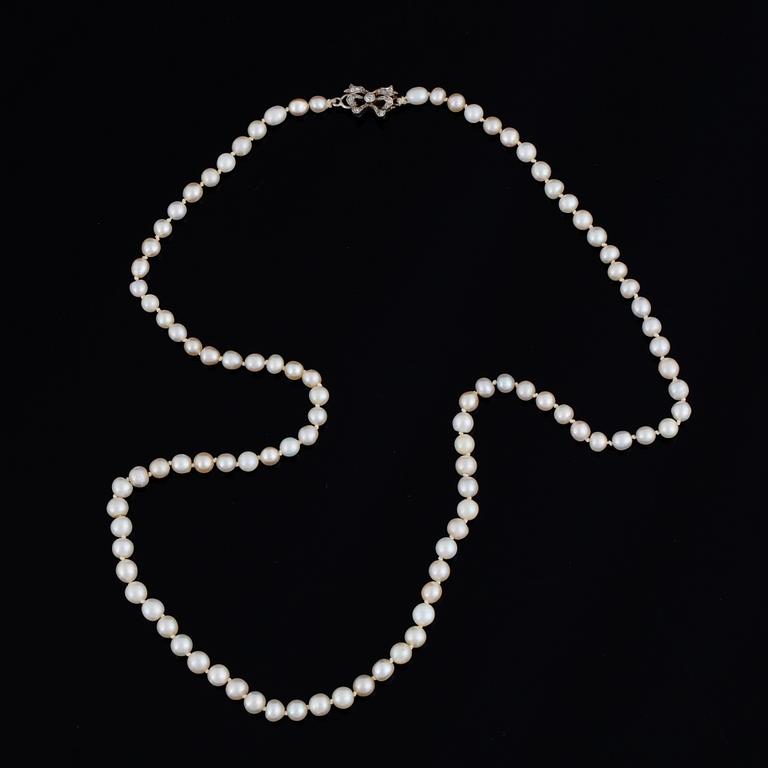 Cultured pearl necklace, clasp with old-cut diamonds.