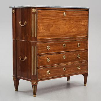 A late Gustavian mahogany and bleu turquin secretaire, Stockholm, late 18th century.