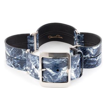 OSCAR DE LA RENTA, a blue snakeskin belt.