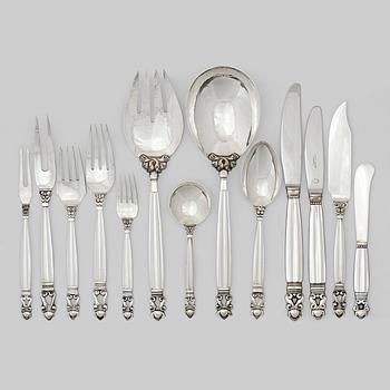 135. Johan Rohde, a set of 57 pcs of Acorn sterling and stainless steel flatware, Georg Jensen, Copenhagen post 1945.