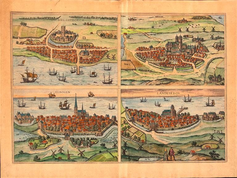 Georg Braun & Franz Hogenberg, four Swedish cities, hand colored engravings, Cologne 1588.