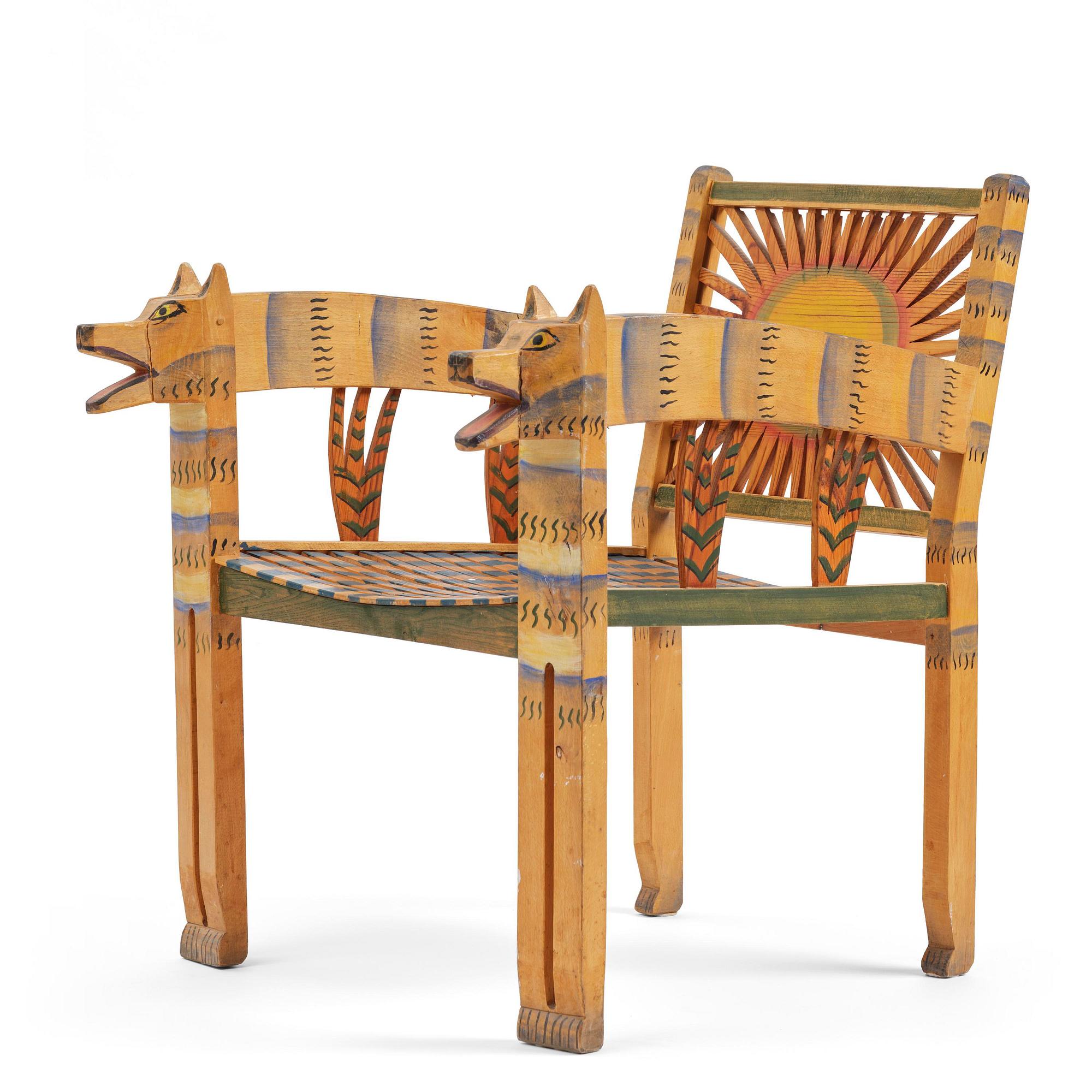 Gérard Rigot, a sculpted and painted oak chair, exectued in his studio, France, second half of the 20th century.