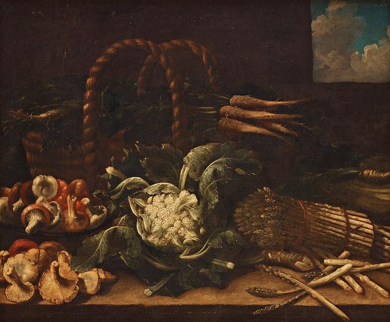 Simone del Tintore Follower of, Still life with asparagus, mushrooms, cauliflower and turnips.