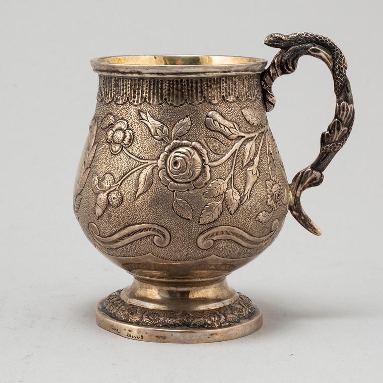 A SILVER TANKARD, indistinct marks, makers mark M&Co.