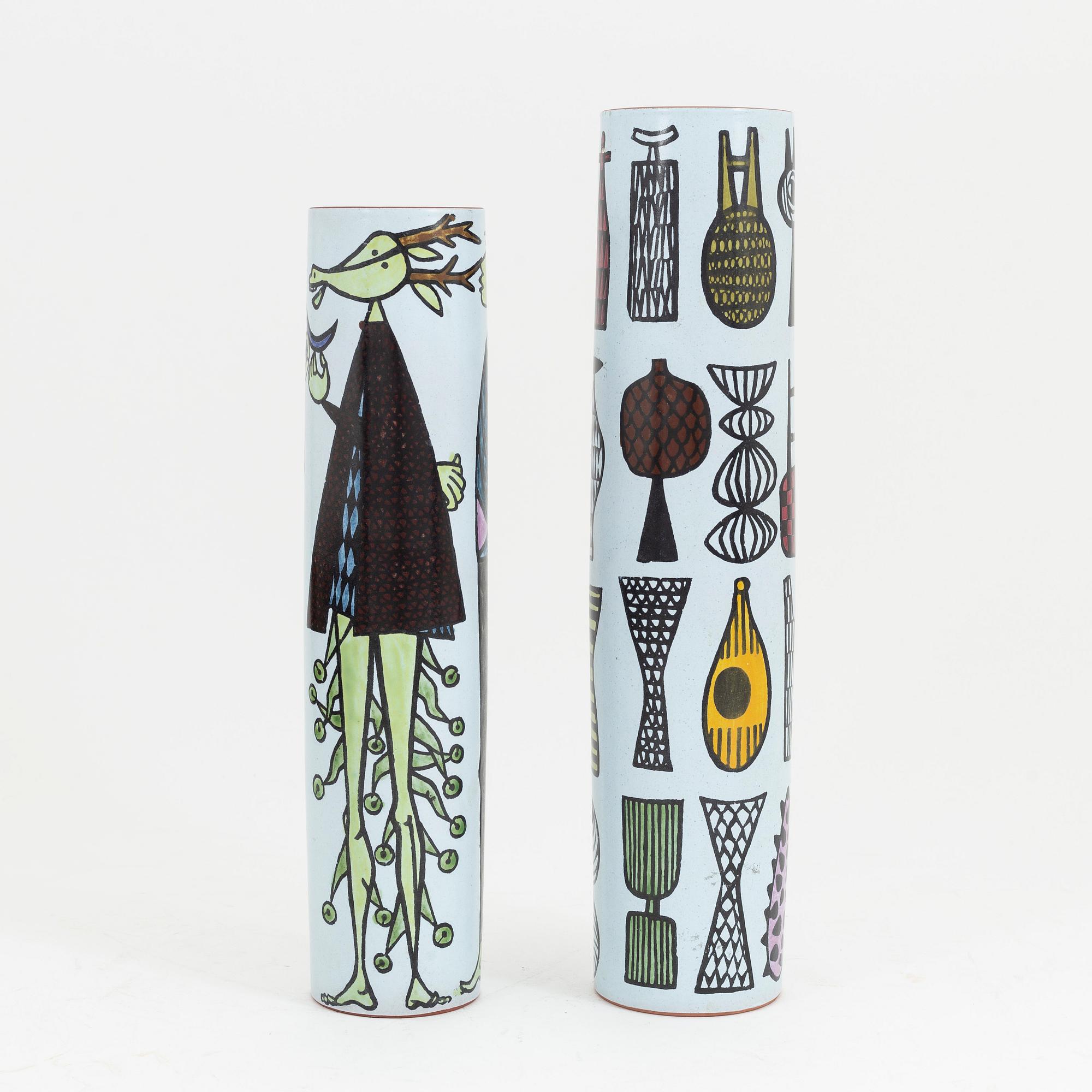 Stig Lindberg, two earthenware 'Karneval' vases, Gustavsbergs studio.