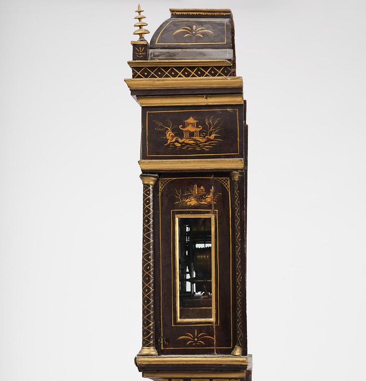 A George II japanned musical longcase clock by William Barrow (watchmaker in London 1700-36).