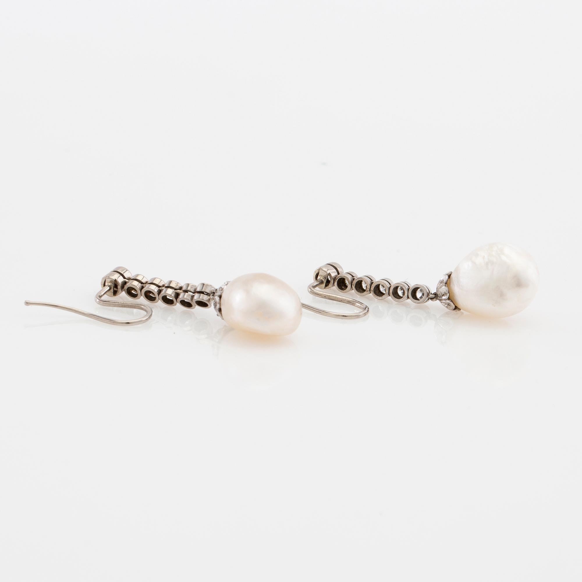 Earrings, a pair of 18K white gold with diamonds and cultured drop-shaped pearls.