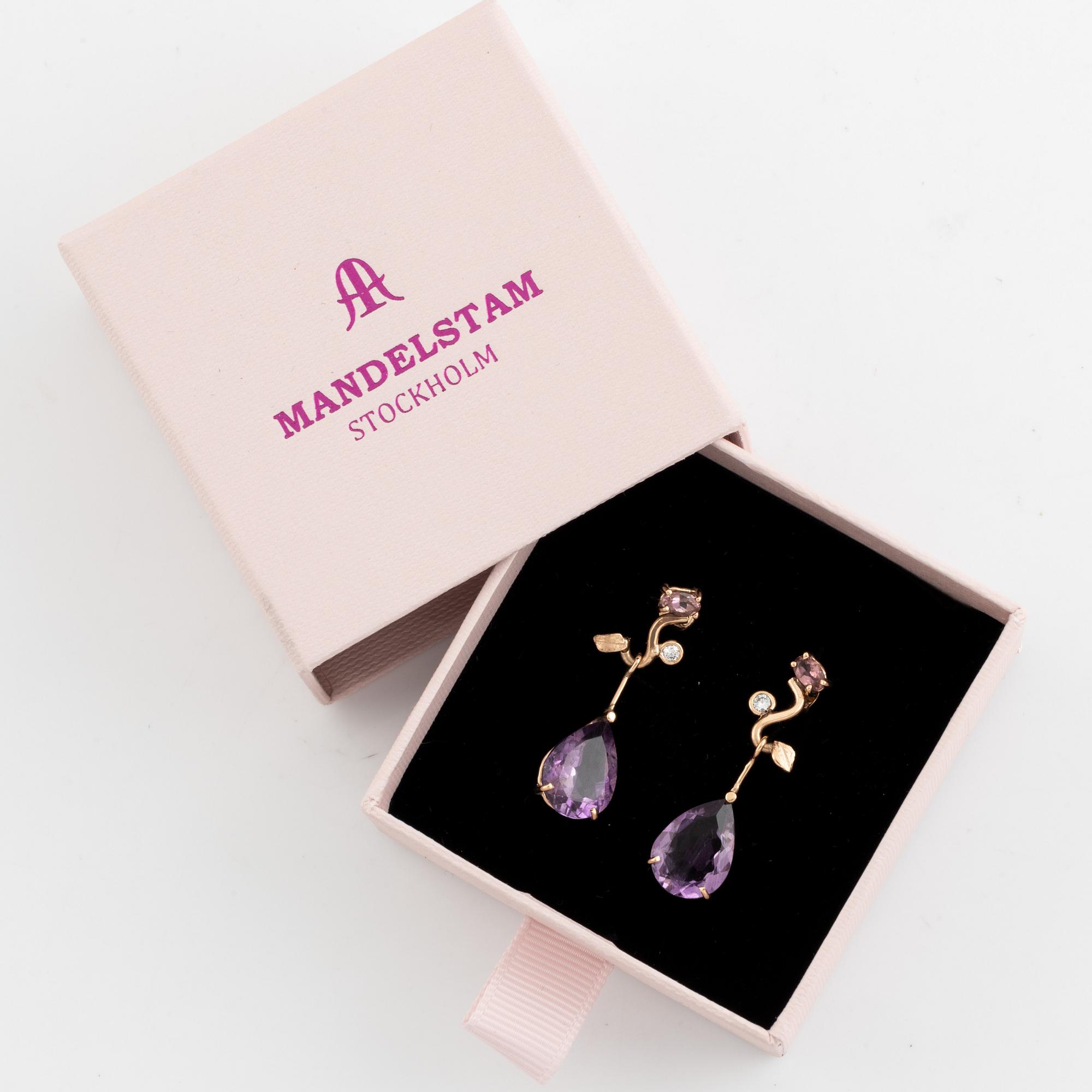 Pear shaped amethyst, pink tourmaline and brilliant cut diamond earrings.