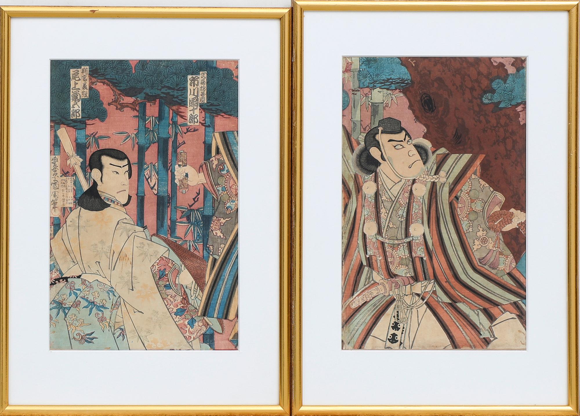 Tre träsnitt, Yoshu Chikanobu samt två delar av en triptyk, okänd konstnär, Japan 1800-tal.