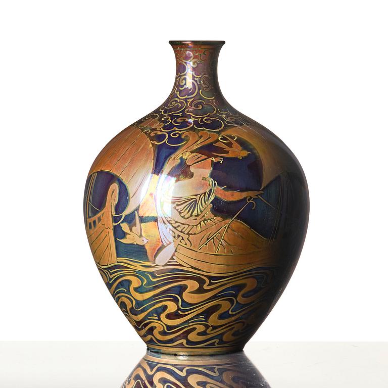 Walter Crane, & William Salter Mycock, a lustreware "Sea Maiden" vase, Pilkington Royal Lancastrian, England, 1910s.