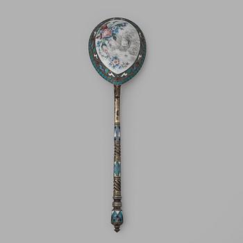 A Russian 19th century silver-gilt and enamel spoon, unidentified makers mark, Moscow.