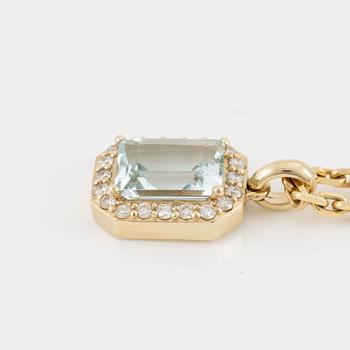 Pendant with 14K gold chain with a faceted aquamarine and round brilliant-cut diamonds.