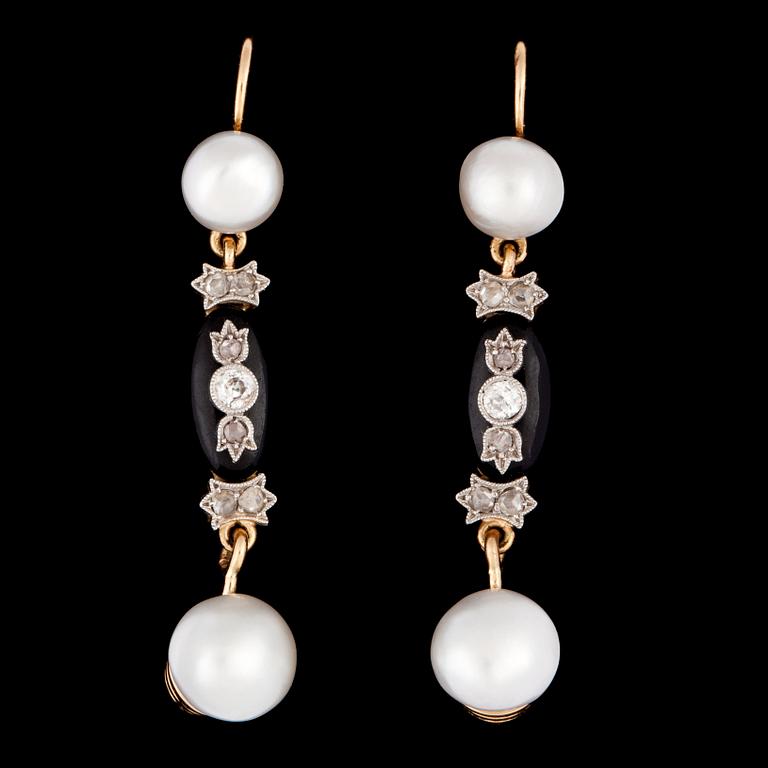A pair of rose cut diamond, black onyx and natural pearl earrings.