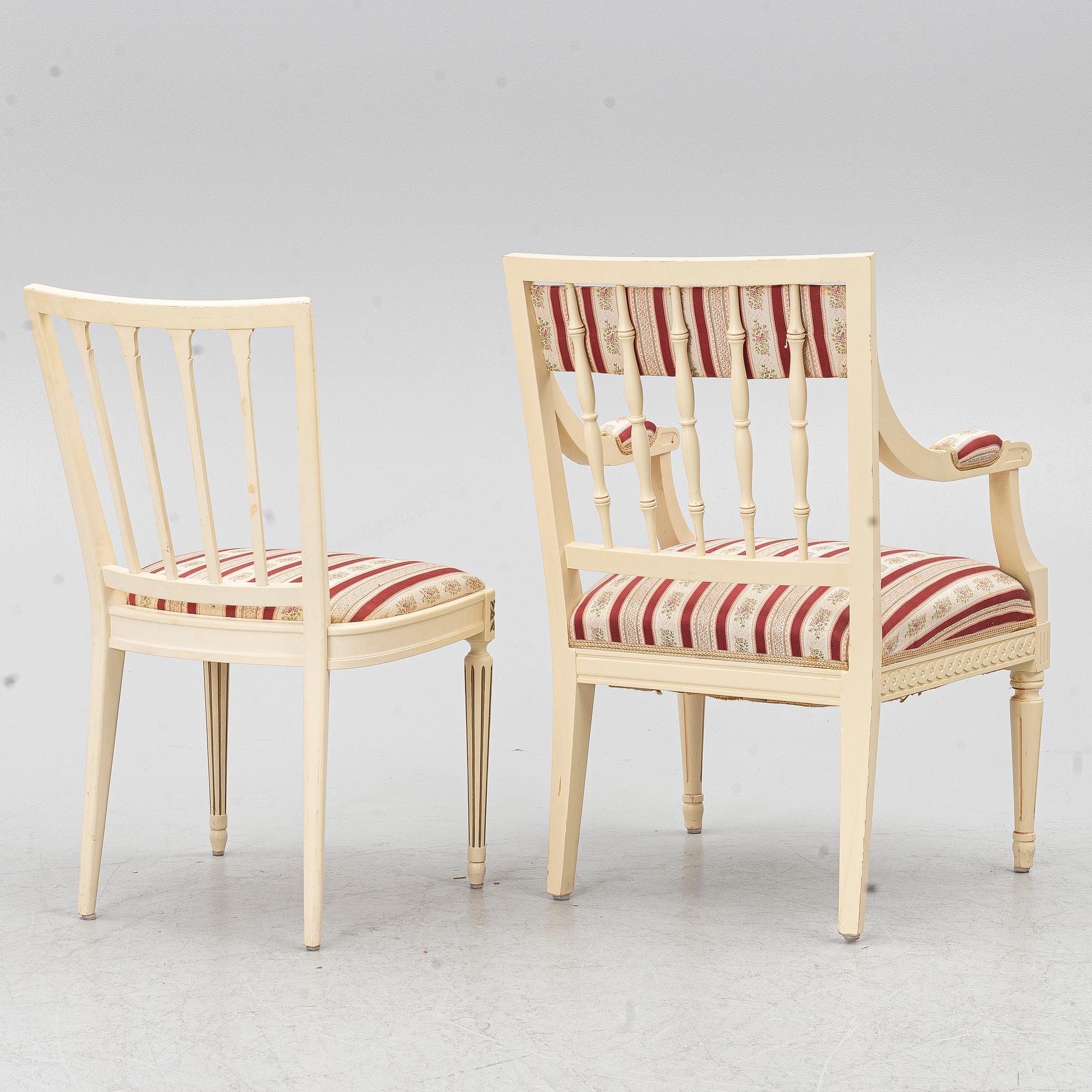 A dining group, 9 pieces, Gustavian style, second half of the 20th century.