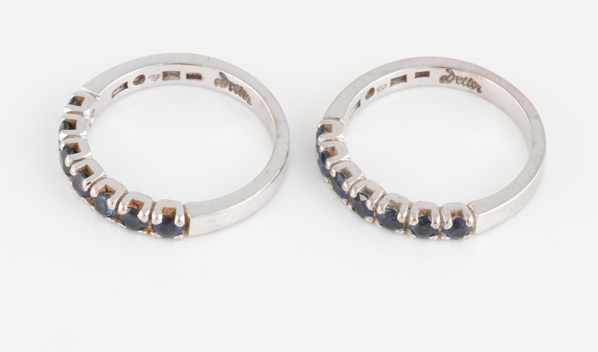 RINGAR, 2 st vitguld med safirer 1.82 ct, Detter för Atelier Ajour, Stockholm, 1994. Vikt 8,0 gram.