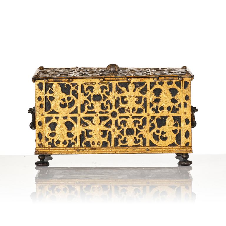 The Wrangel strongbox, a German wrought iron and steel engraved strongbox dated 1658.