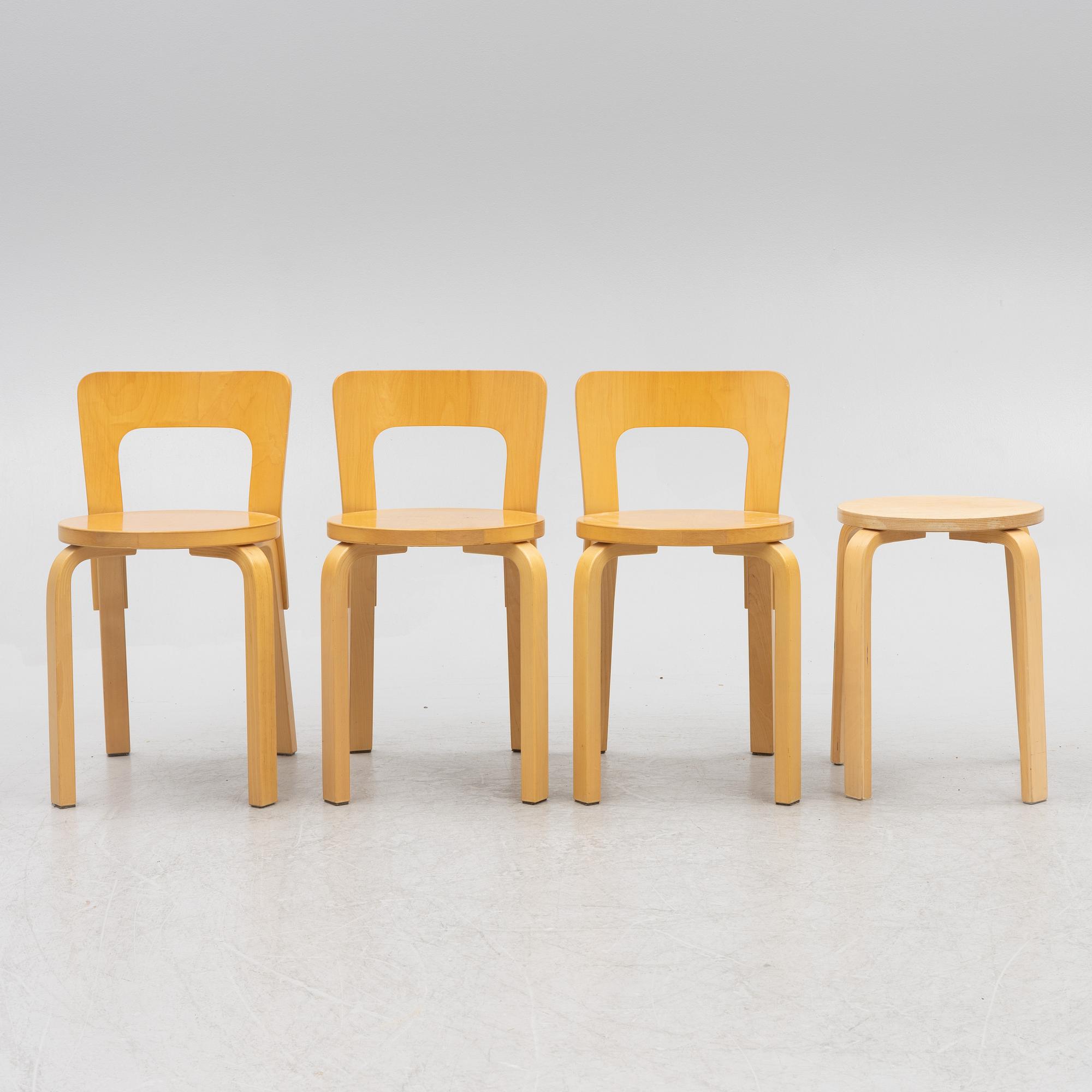 Alvar Aalto, A set of 3 model N65 chairs, and a model 60 stool, Artek, Finland, second half of the 20th century.