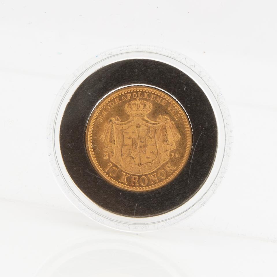 Guldmynt Sverige, Oscar II 10 kr, 1894, felpräglat.