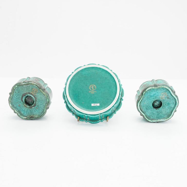 Wilhelm Kåge, ljusstakar, ett par, samt skål, "Argenta", Gustavsberg.