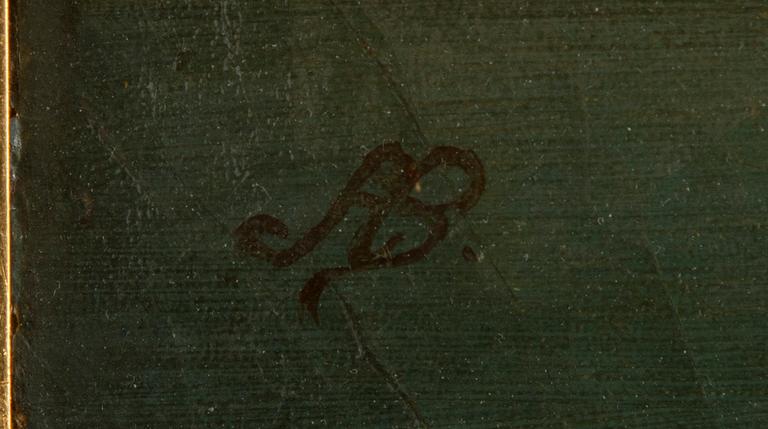 Skymningslandskap med figurstaffage.