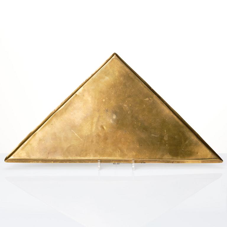 Anna Petrus, a Swedish Grace triangular engraved pewter plated copper tray, executed in her own workshop, Sweden ca 1924.