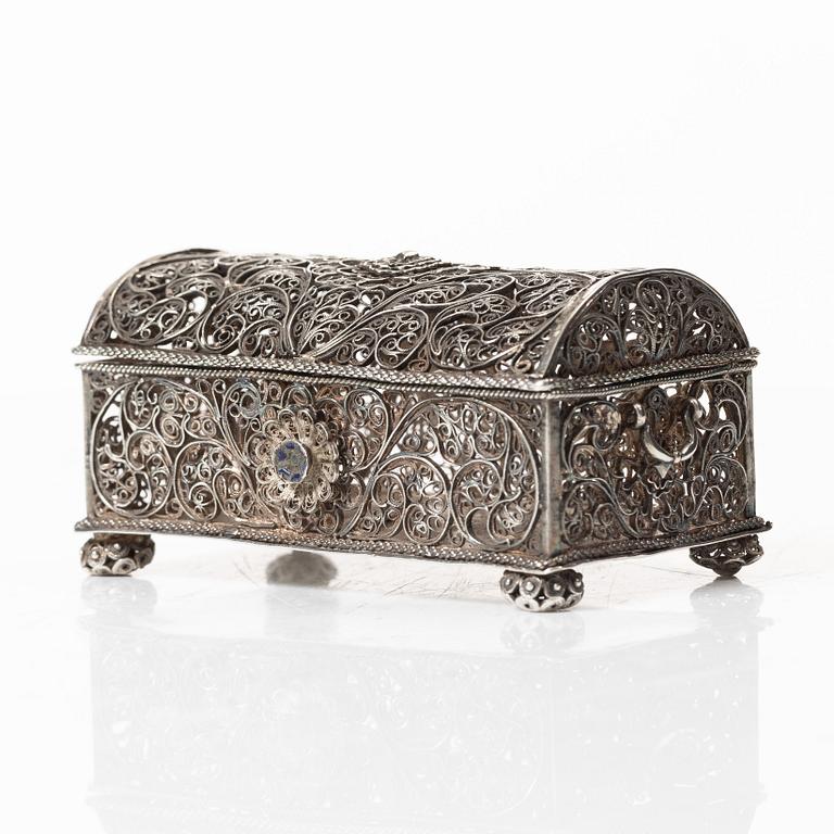 Box, filigree, silver, unmarked, 19th Century.