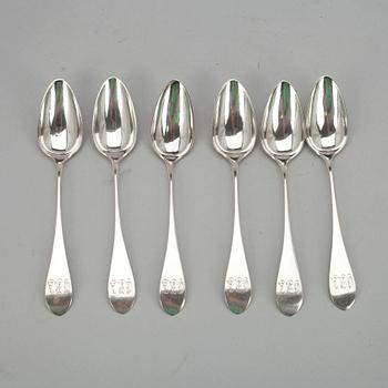 TESKEDAR, 6 st, silver, Wilhelm Pettersson, Åbo 1892. Vikt tot. 105 g.