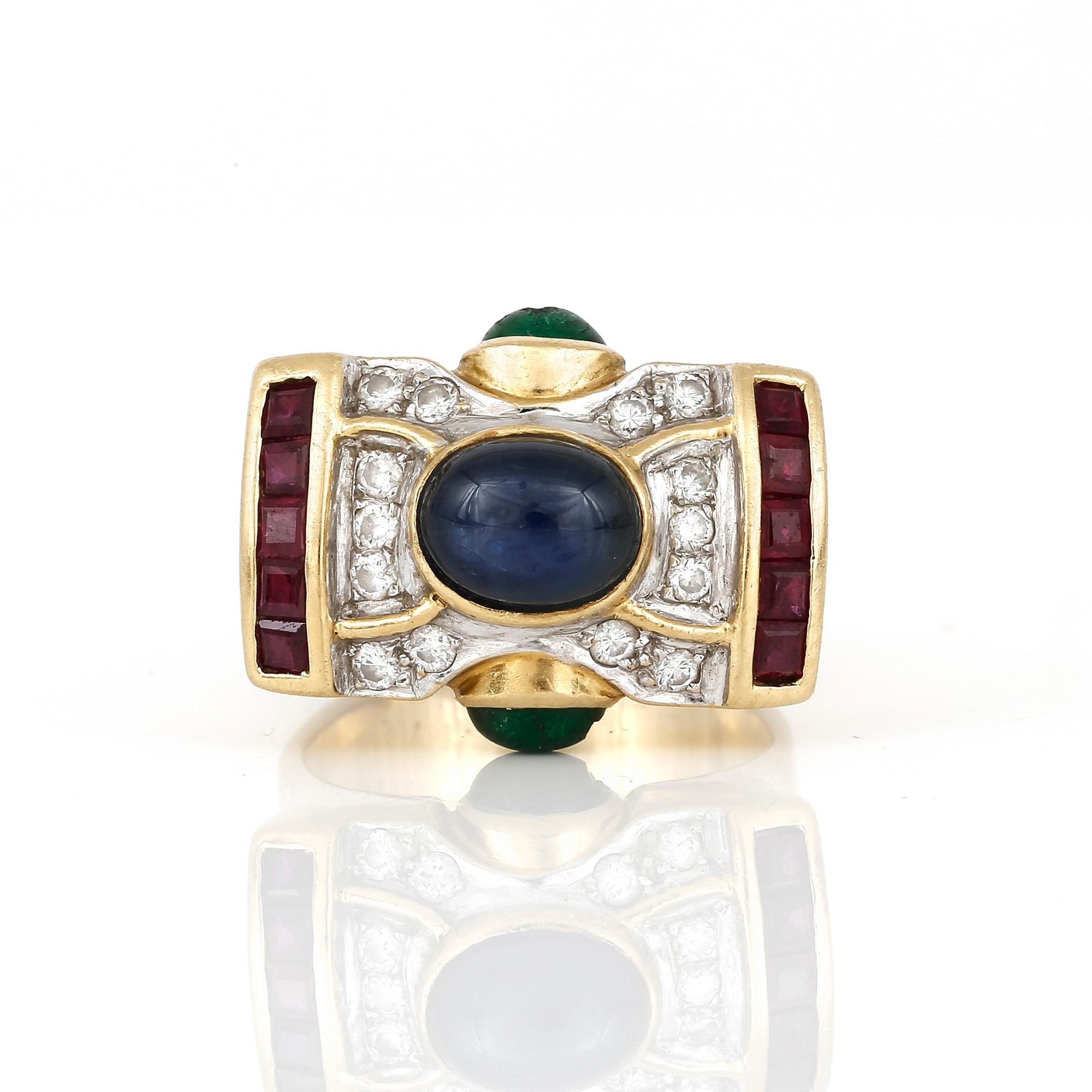 RING, 18K guld med diamanter, tot ca 0,28 ct, safir, ca 1,98 ct, smaragder och rubiner, Thailand. Total vikt ca 12,38 g.