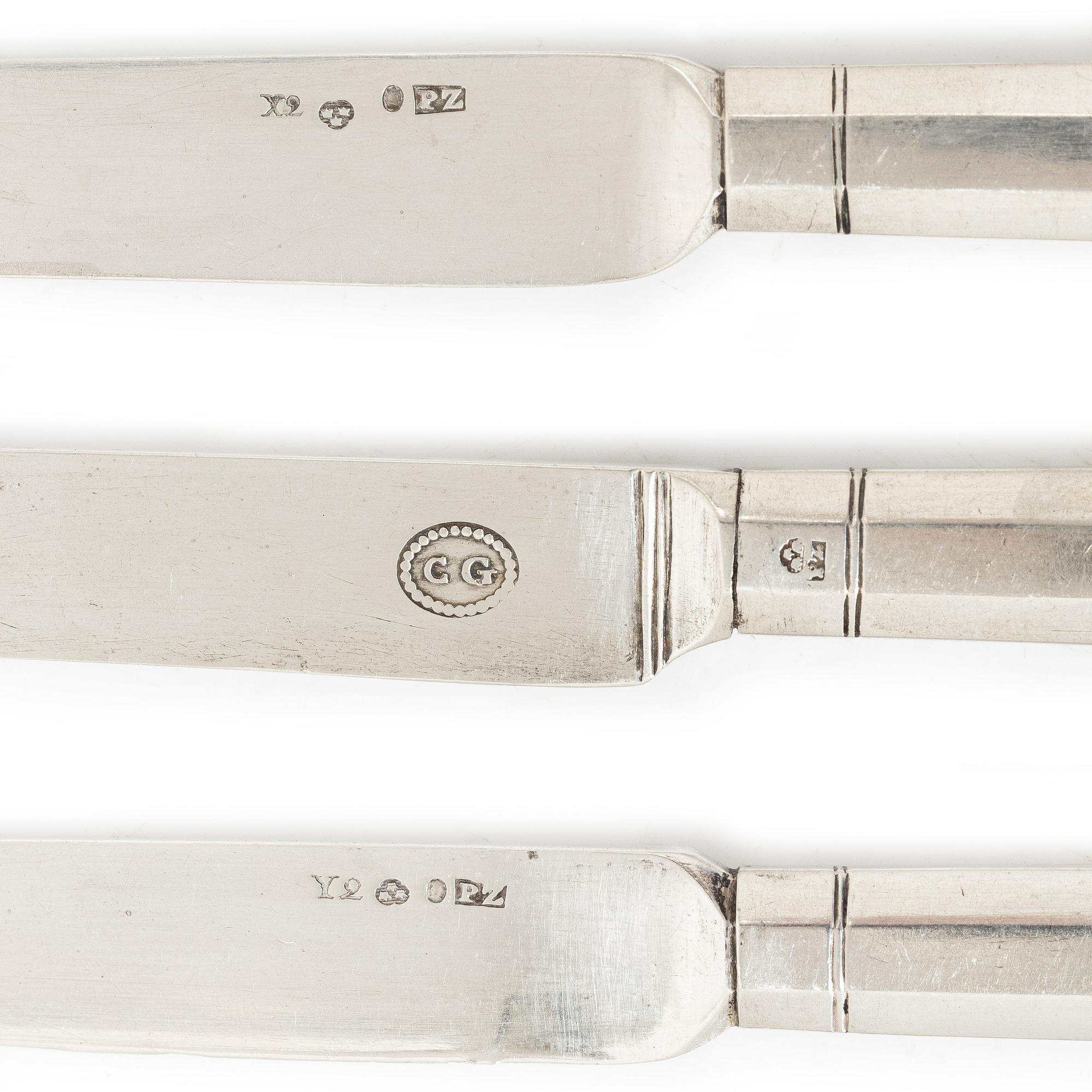 Gustaviansk, Knives, 10 pieces, silver, Pehr Zethelius and Adolf Zethelius, Stockholm, among others, 1804.