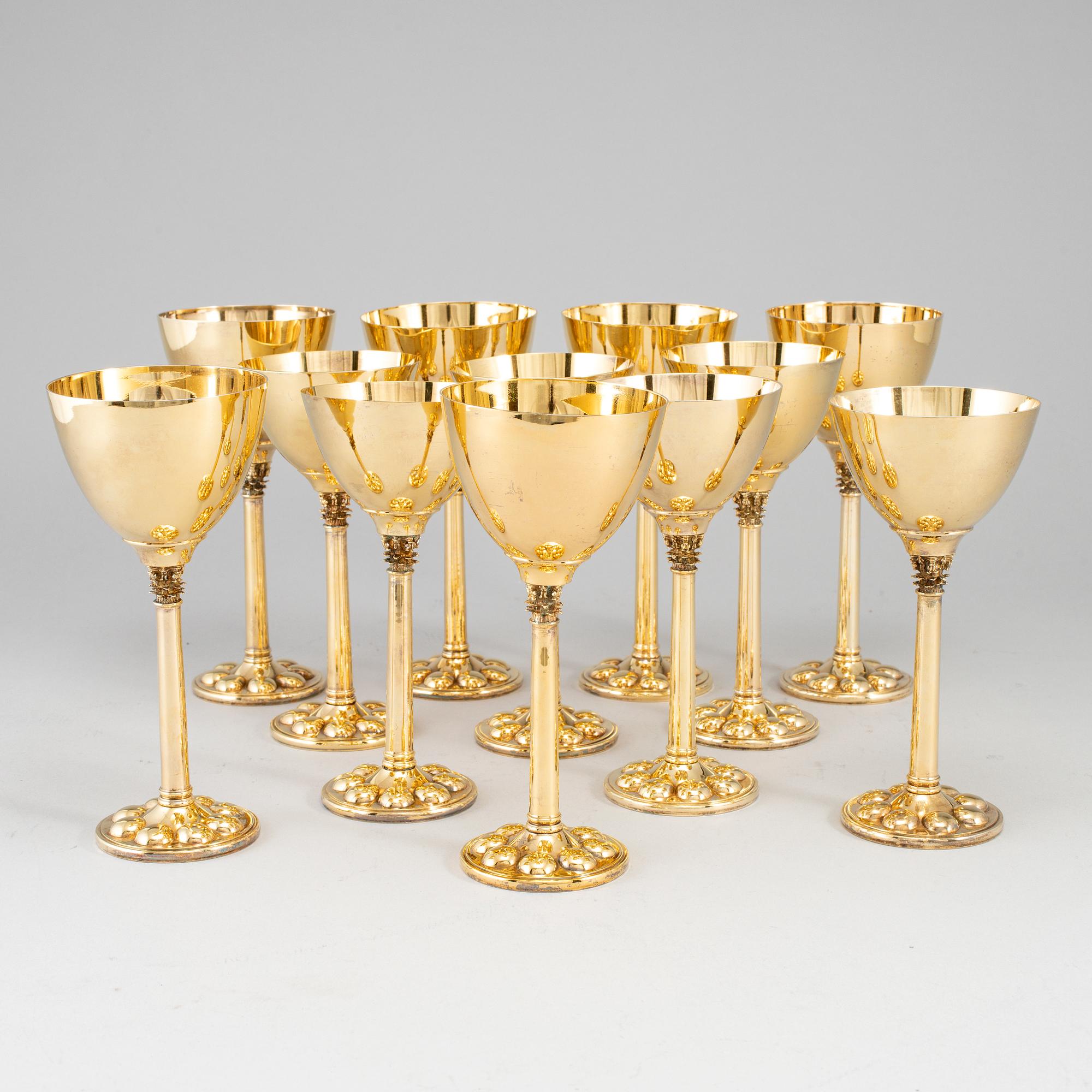 A set of twelve (6+6) goblets, gilt metal, Miguel Berrocal, Spain 20th century.