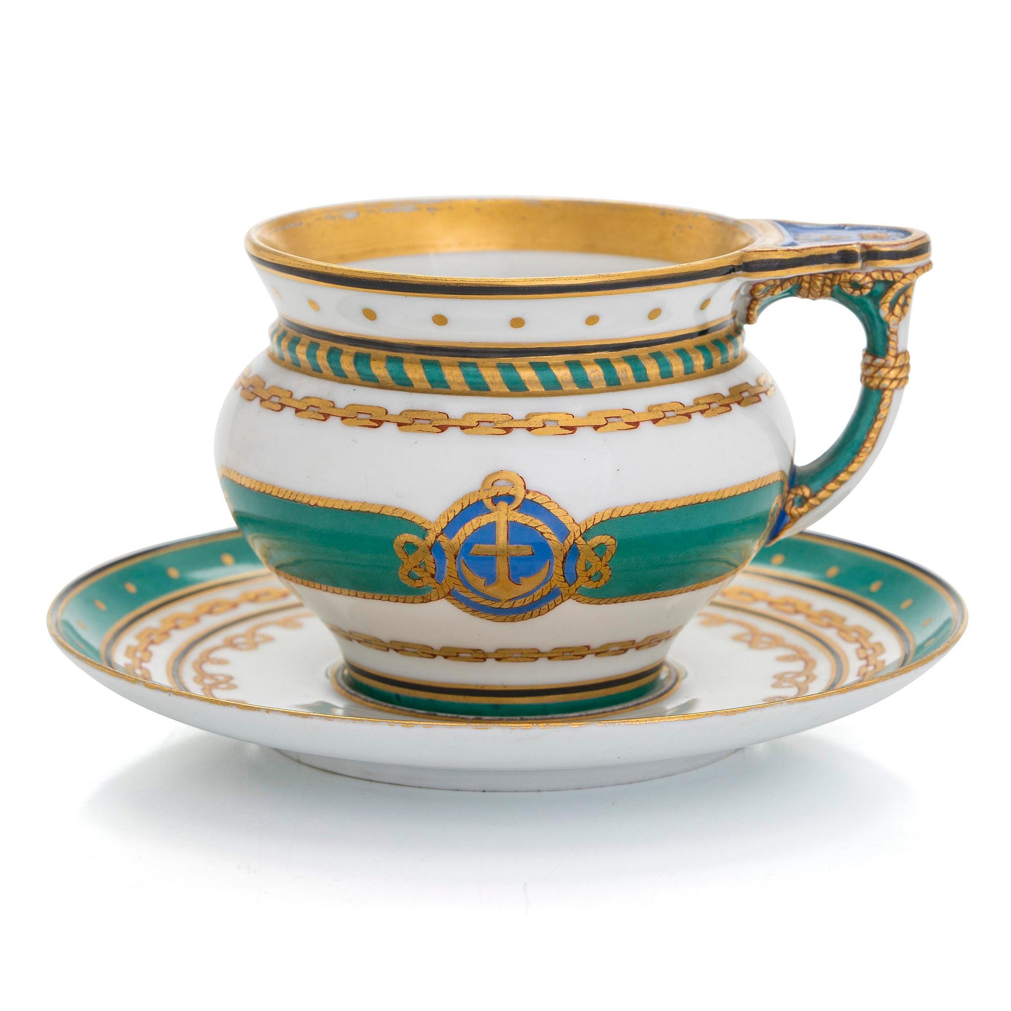 A cup and saucer from the Derzhava service, Imperial Porcelain Manufactory, St. Petersburg, late 19th century.