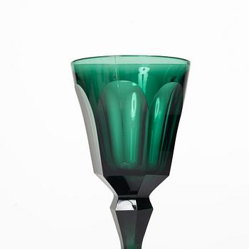 Eleven white wine glasses, green, 19th century.