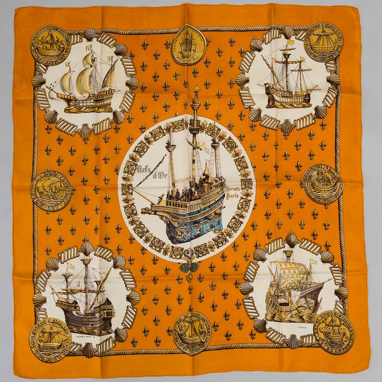 SCARF, "Hermès, "Nefs d'or -orange", issued 1971.