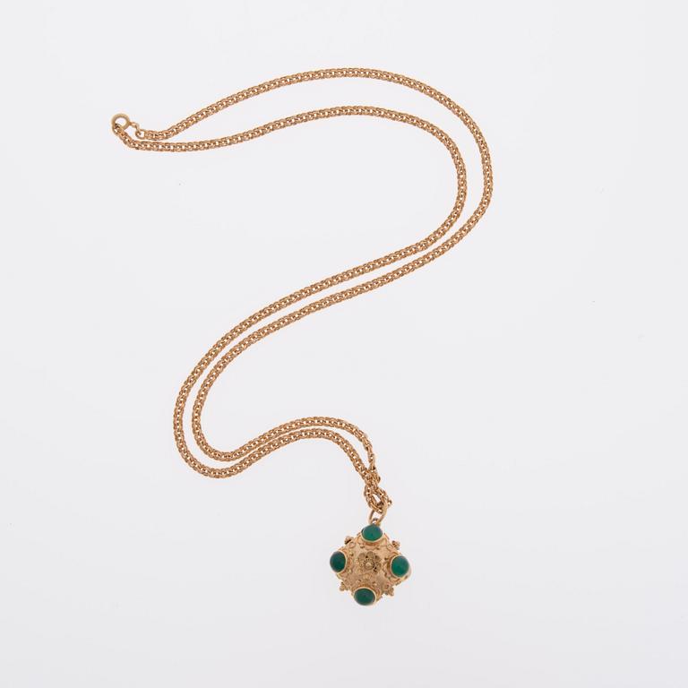 HÄNGSMYCKE, 18K guld, 8 cabochonslipade krysopraser.