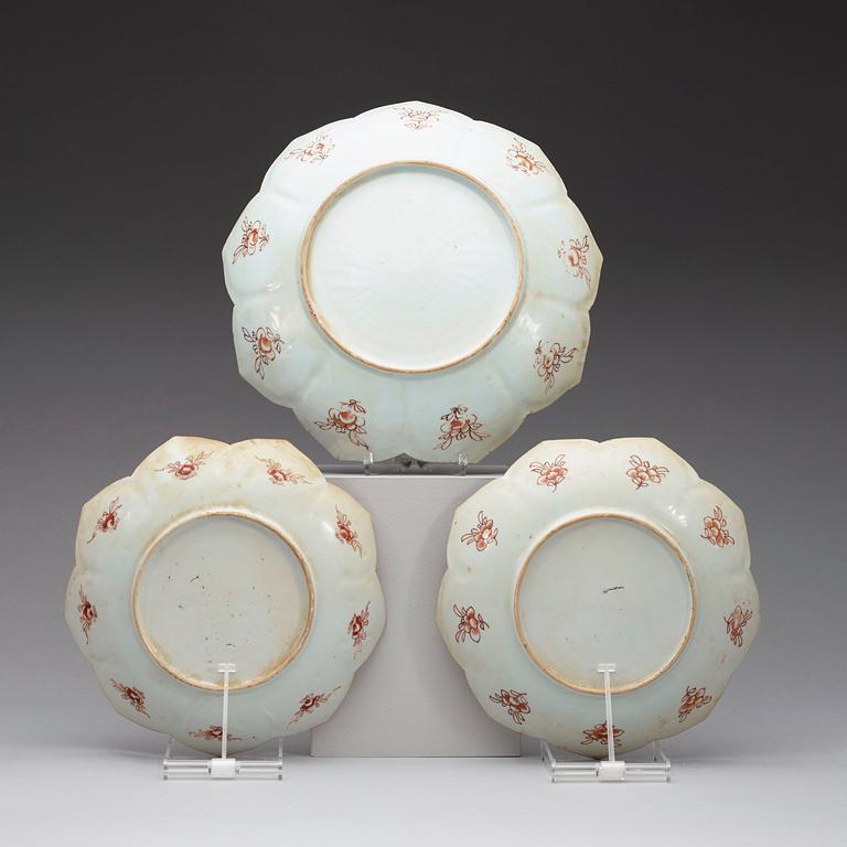 Three european subject, lotus dishes in famille rose, Qing dynasty, Qinalong (1736-95).