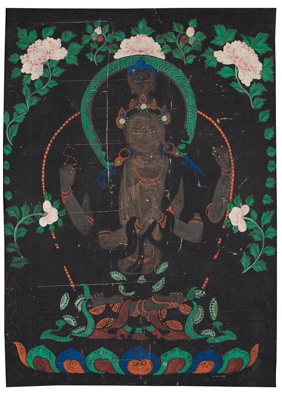 THANGKA, färg på duk. Tibet, omkring 1900.