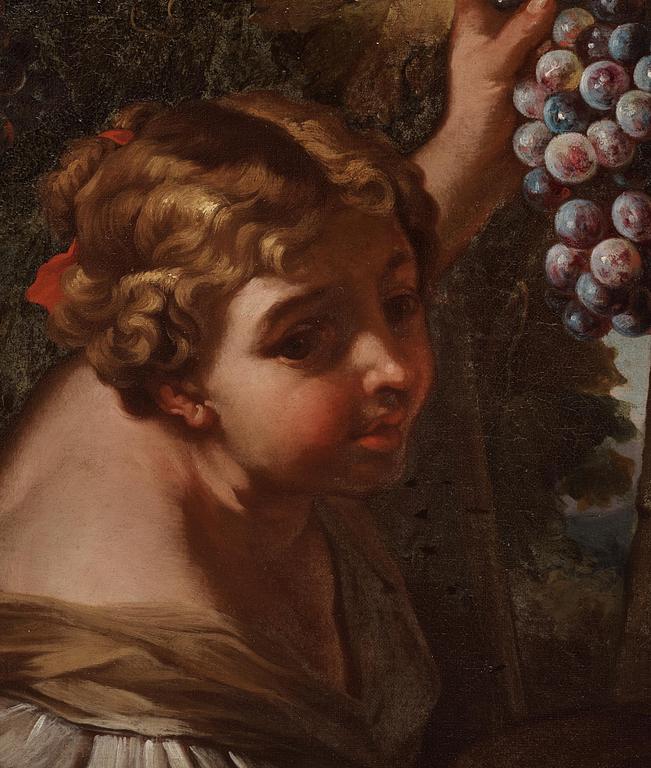Franz Werner von Tamm & Carlo Maratti, attributed to, Still life with flowers, grapes, and a woman in a landscape.