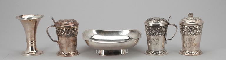 MUGG, 3 st, LJUSSTAKE, SKÅL, silver, vikt tot. 638 g.