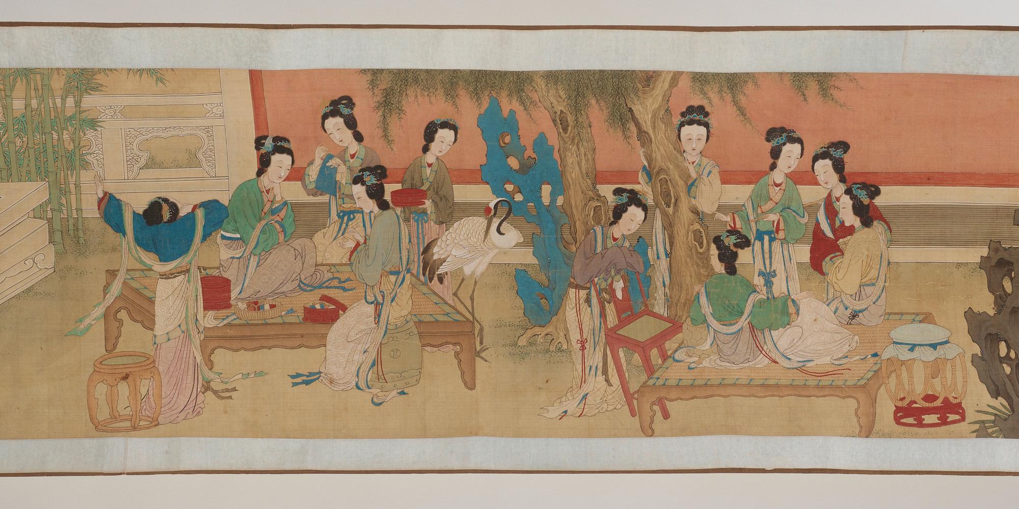 A fine painting of 100 ladies and attendants in a palace garden, and with calligraphy, late Qing dynasty (1644-1912).
