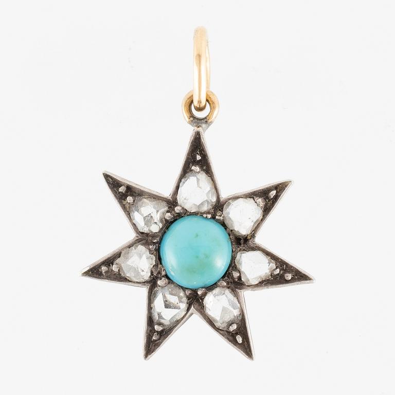 Pendant in silver and gold with a turquoise and rose-cut diamonds.