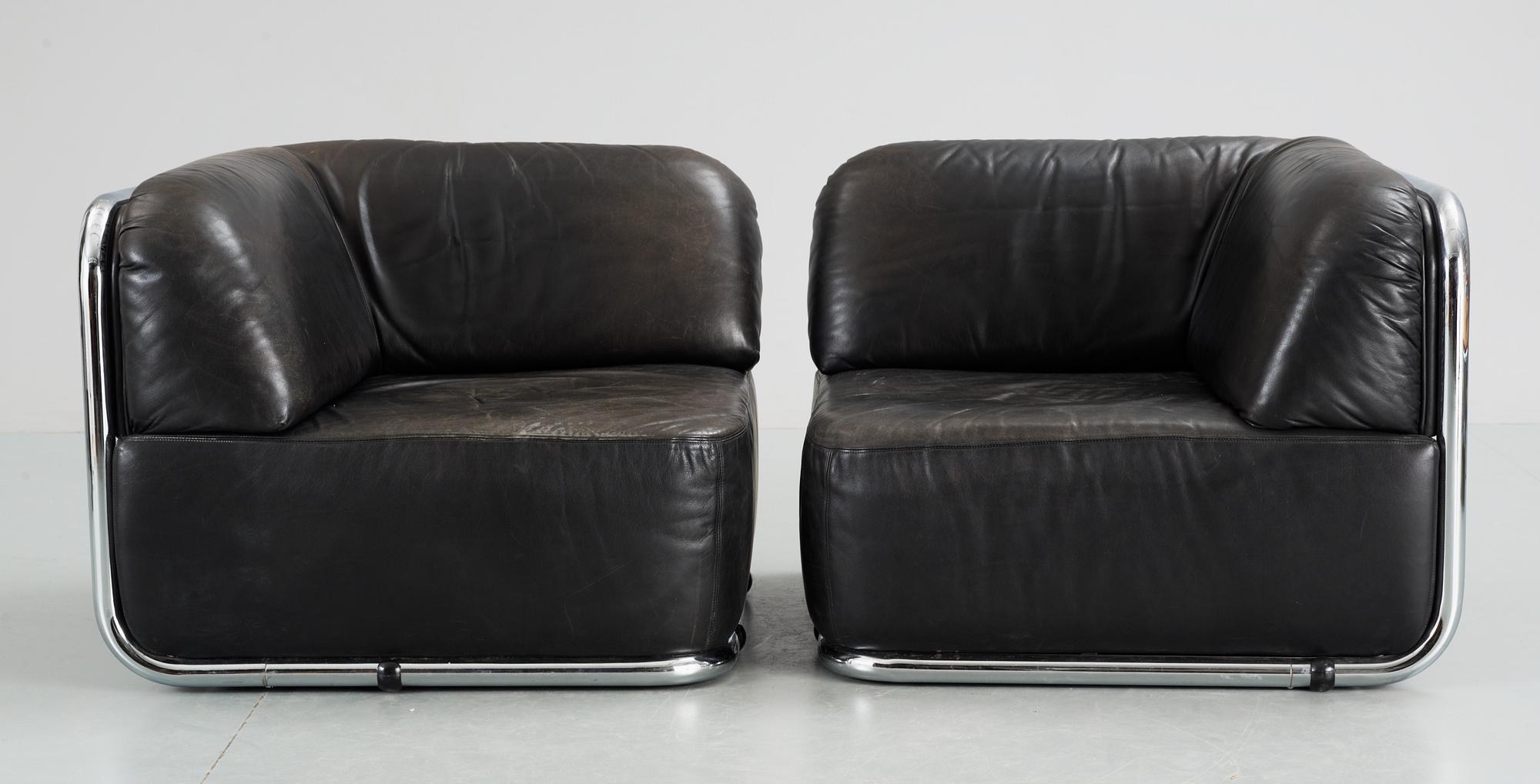 A pair of Geoffrey Harcourt chromed steel and black leather easy chairs, Artifort, Holland 1970's.