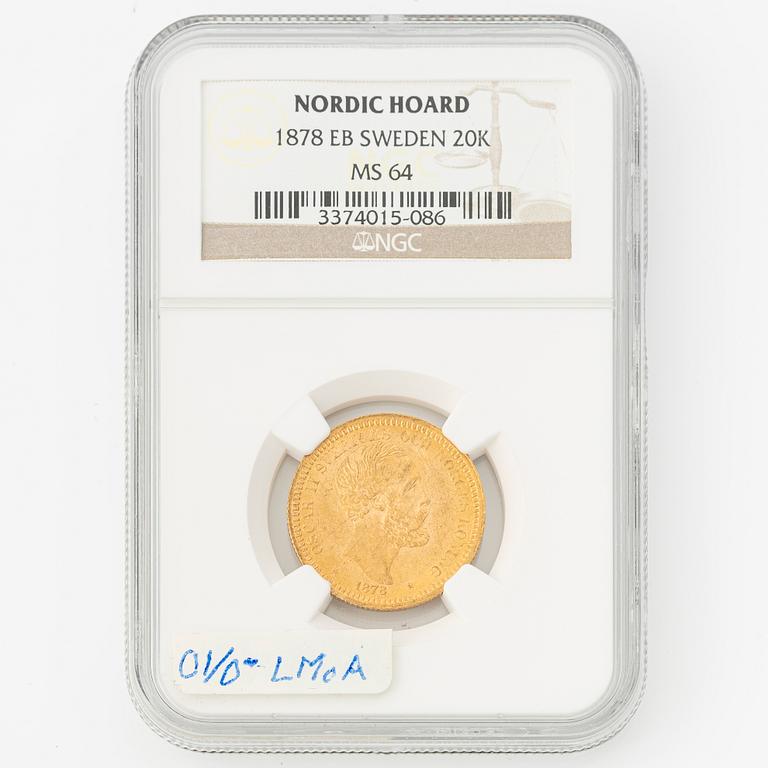 Guldmynt, Oscar II, 20 kronor, typ III, Sverige 1878.