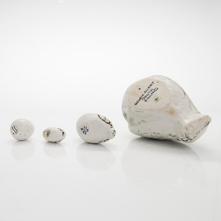 Henrik Allert, a set of three ceramic birds and an egg, Pentik, Finland.