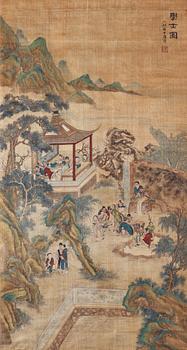 1542. RULLMÅLNING med KALLIGRAFI, sen Qing dynastin (1644-1912). Studerande lärda i trädgård, "Xueshi tu".
